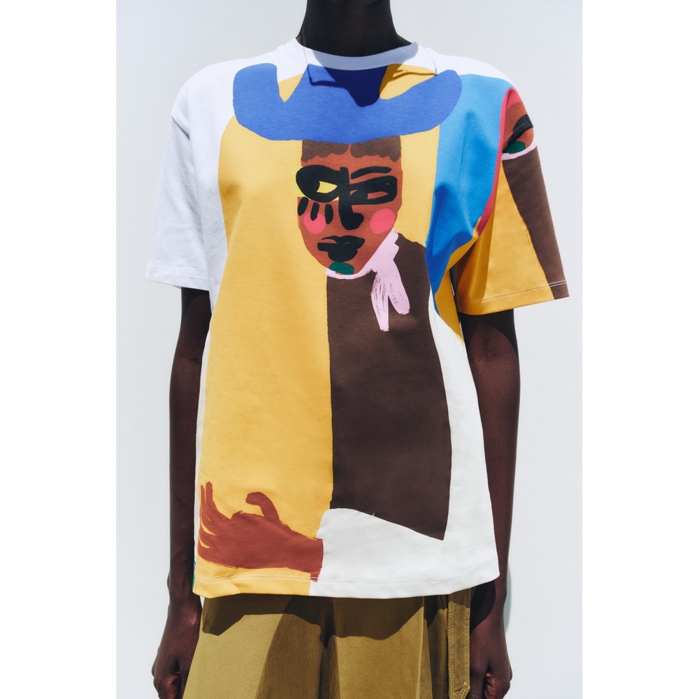 Zara Justine Franco Abstract Graphic Art T-Shirt White Multi Color Medium artsy